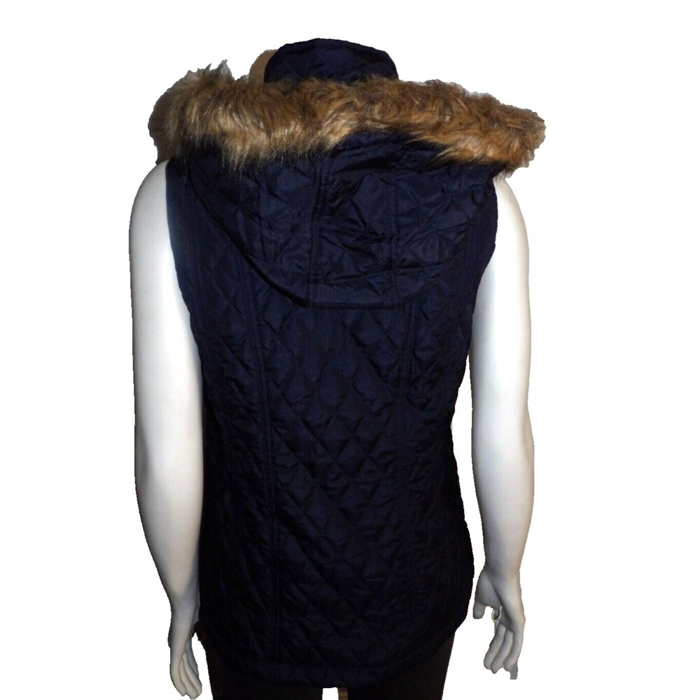 Black Rivet Navy Blue GIII Puffer Quilted Vest Faux Fur Trimmed Hood Sm Pockets - Picture 7 of 16